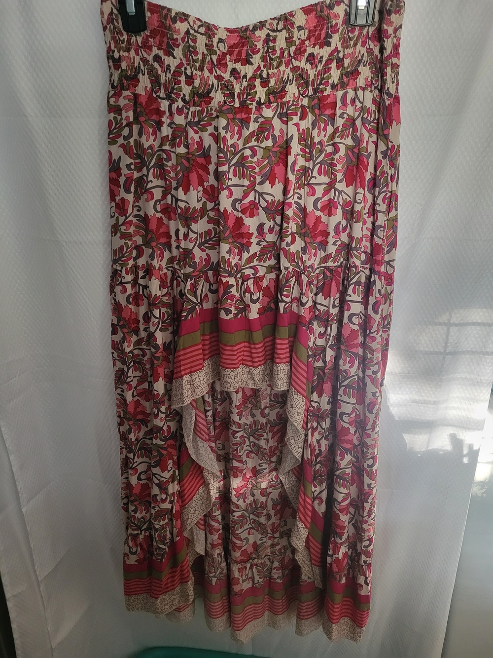 BoHo High-Low Floral Maxi Skirt in Pink and Green